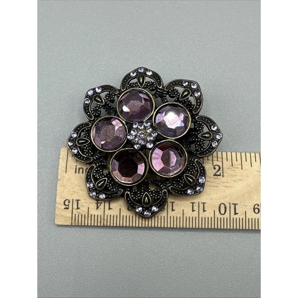 Vintage-Antique Bronze Purple Rhinestone Flower Brooch/pendant #876